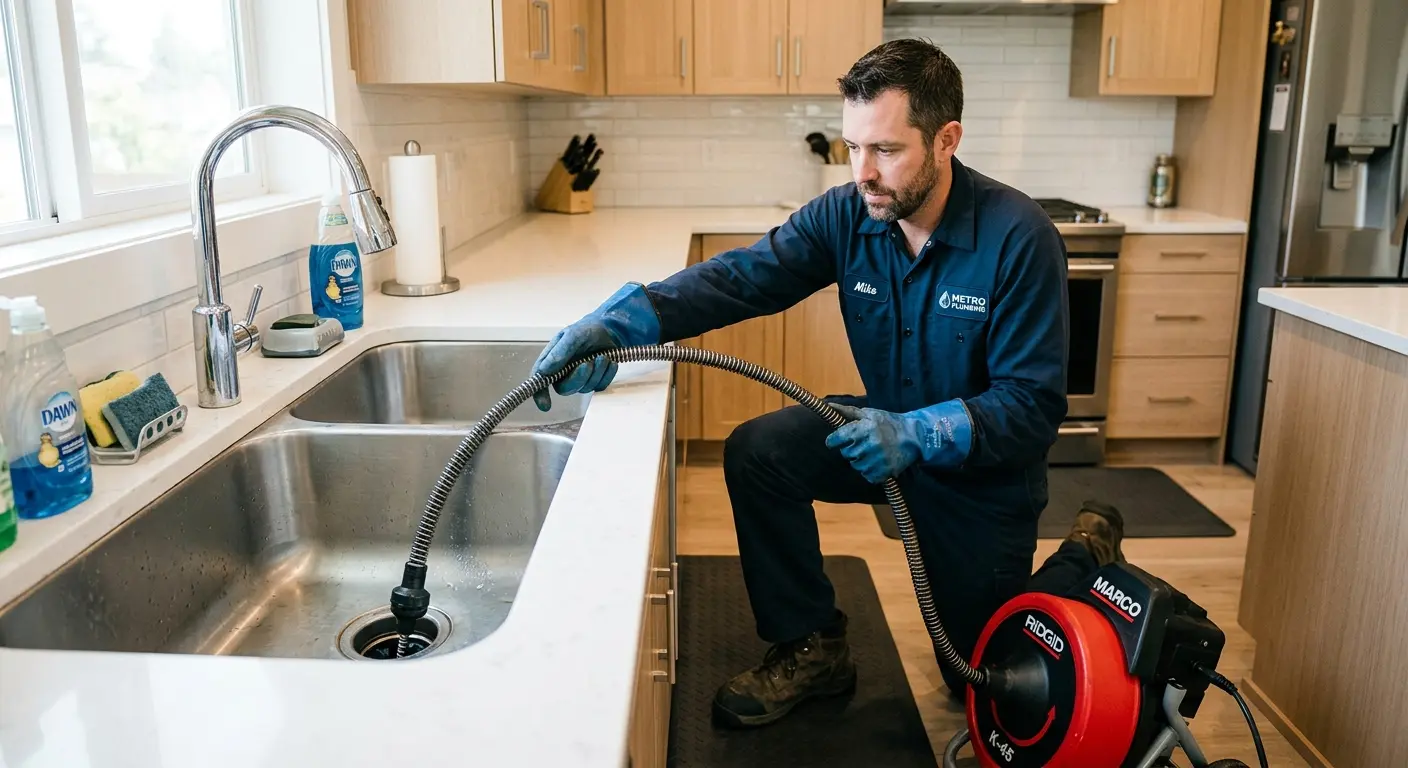 Drain cleaning technician using a motorized snake on a kitchen sink in Denton