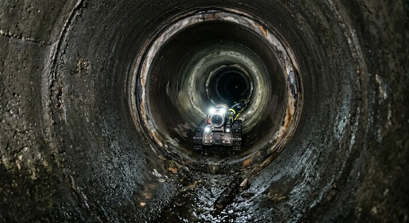 Robotic sewer camera inspecting pipe interior for Sewer Line Cleaning in Denton