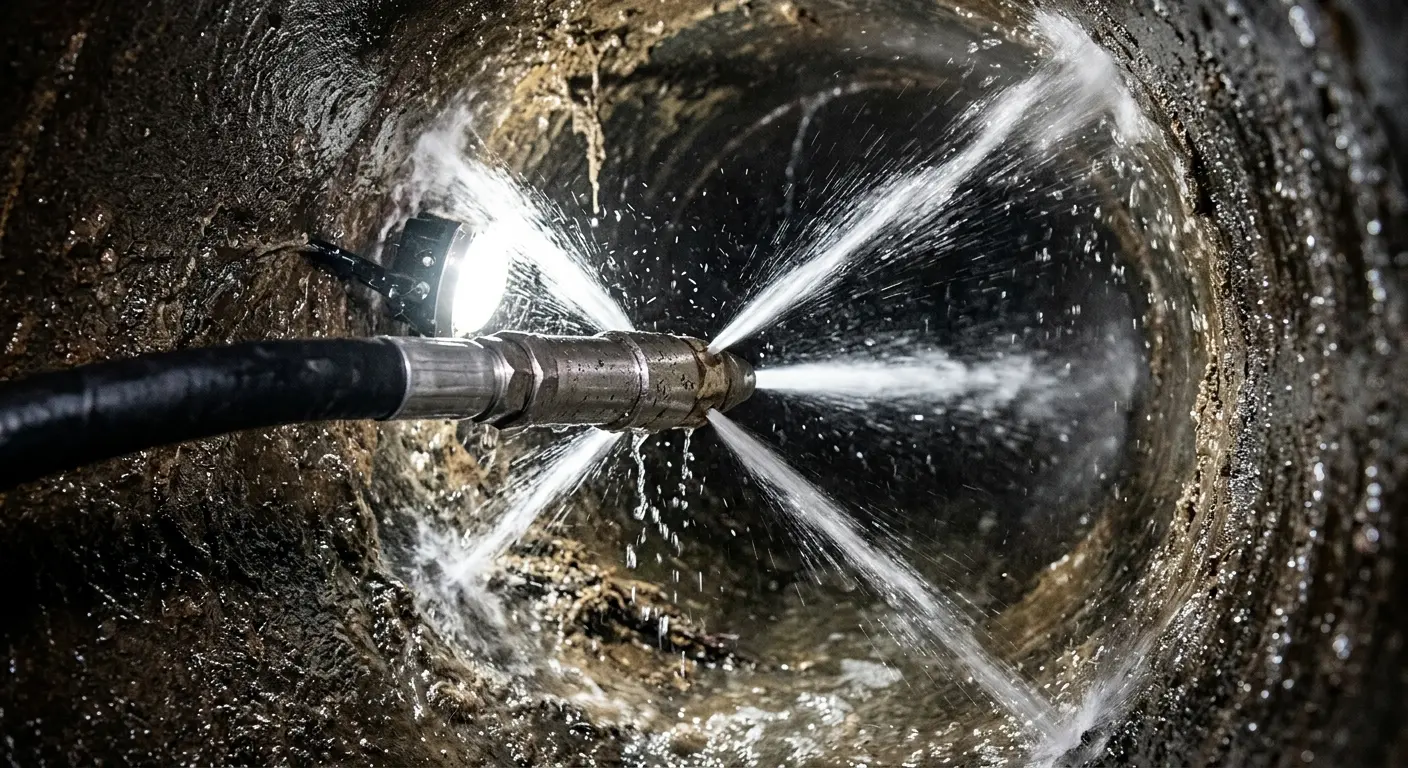 High-pressure hydro jetting nozzle cleaning sewer pipe for Trenchless Sewer Repair in Denton